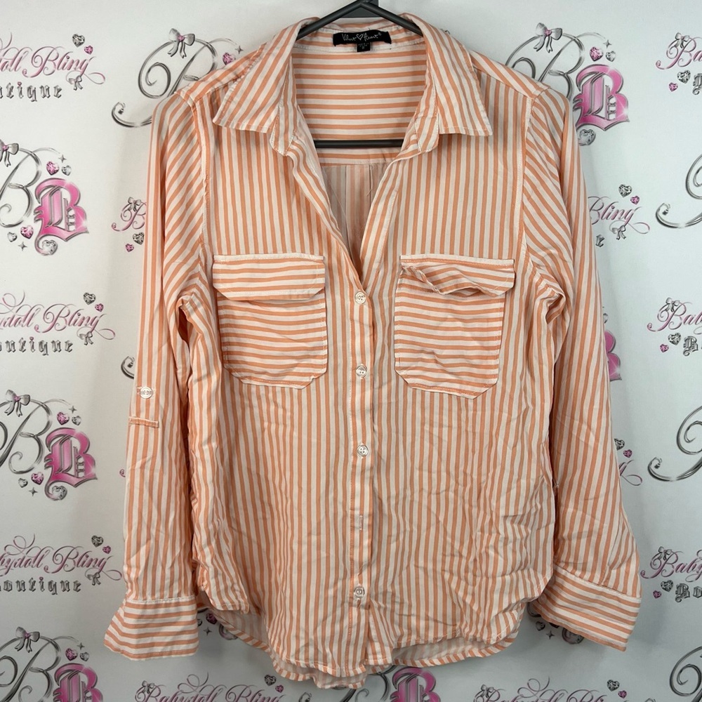 Velvet Heart button up orange Peach and White Striped Top stripes buttons